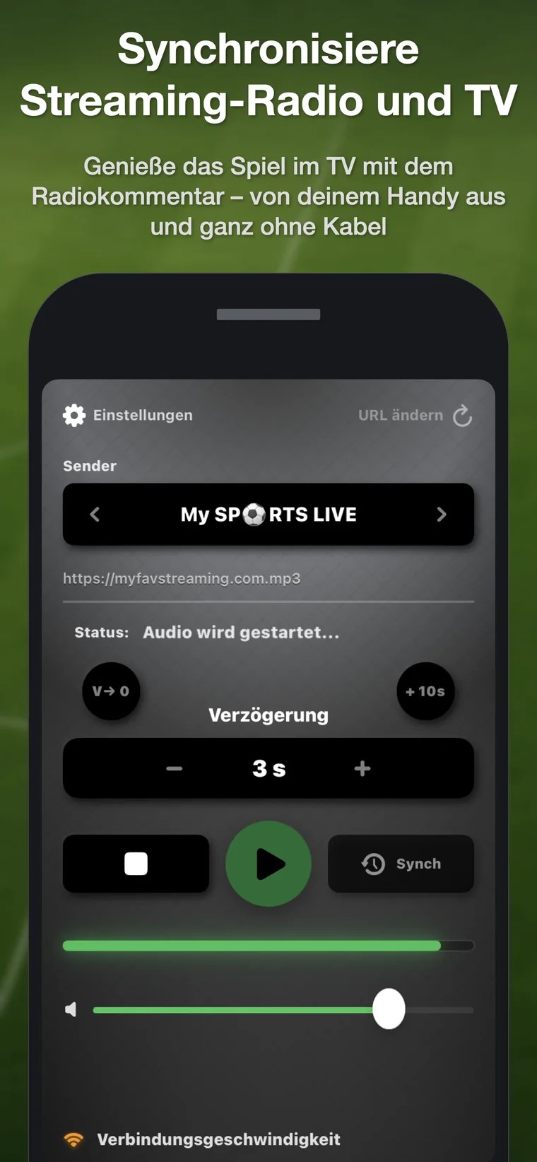 Hauptansicht mit Wiedergabe- und Verzögerungssteuerung