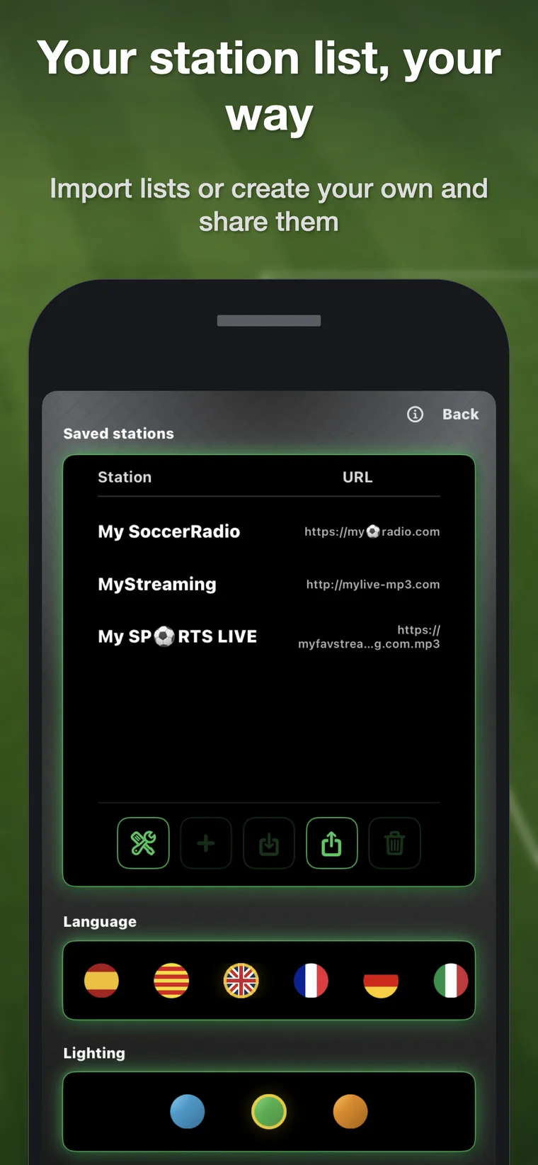 Saved station list and settings