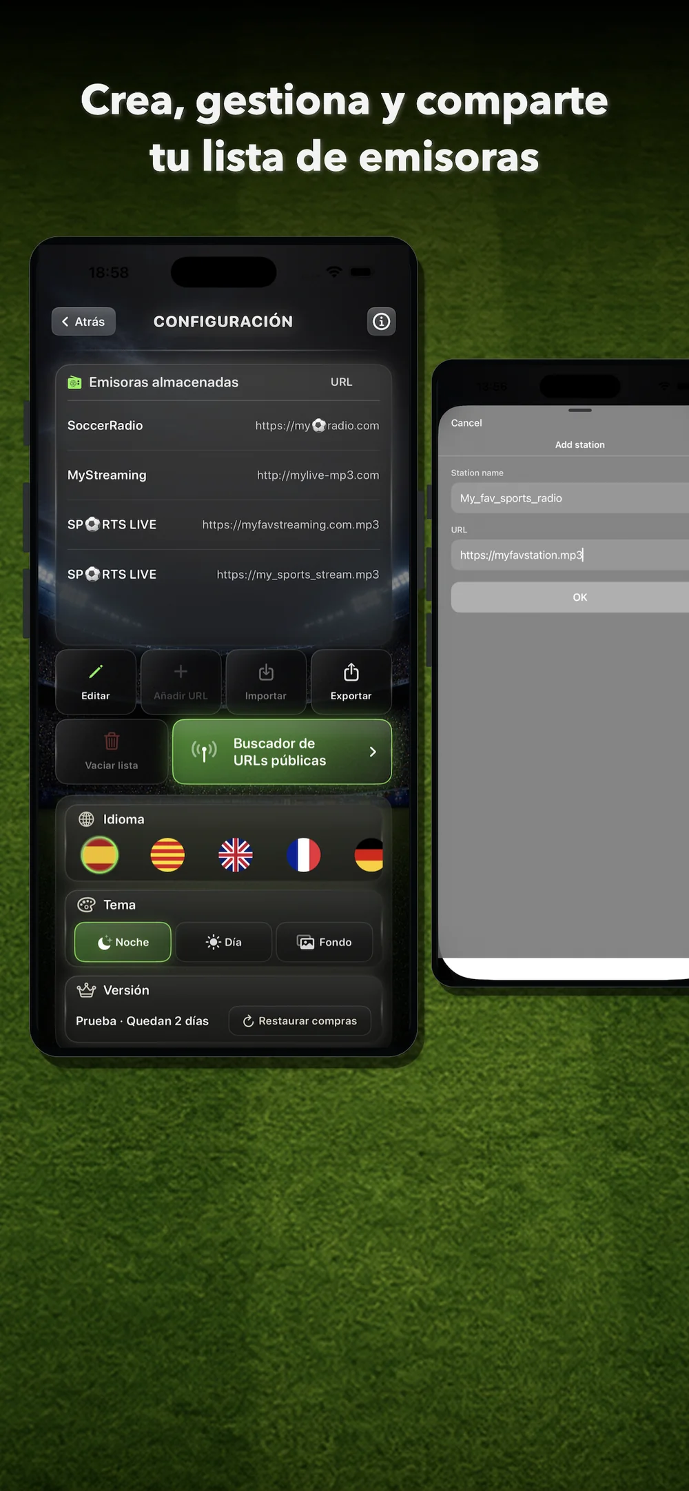 Gestiona emisoras, URLs, listas, temas y compras desde una pantalla de configuración clara.