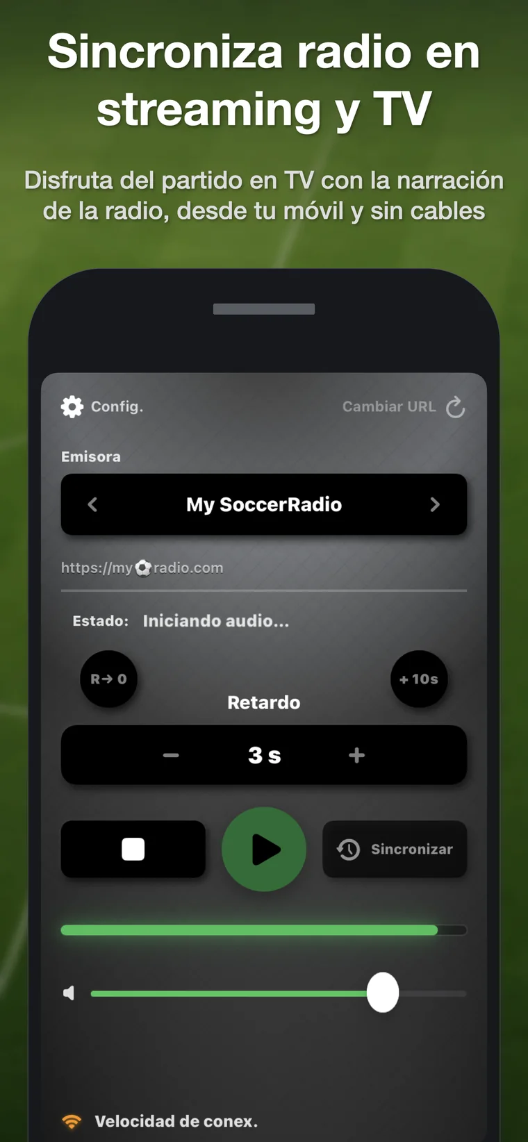 Pantalla principal de reproducción con controles de retardo
