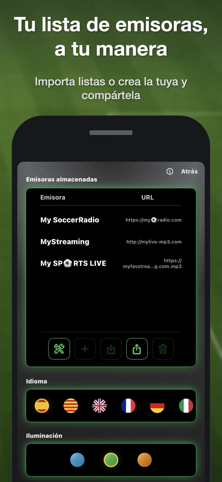 Lista de emisoras guardadas y ajustes